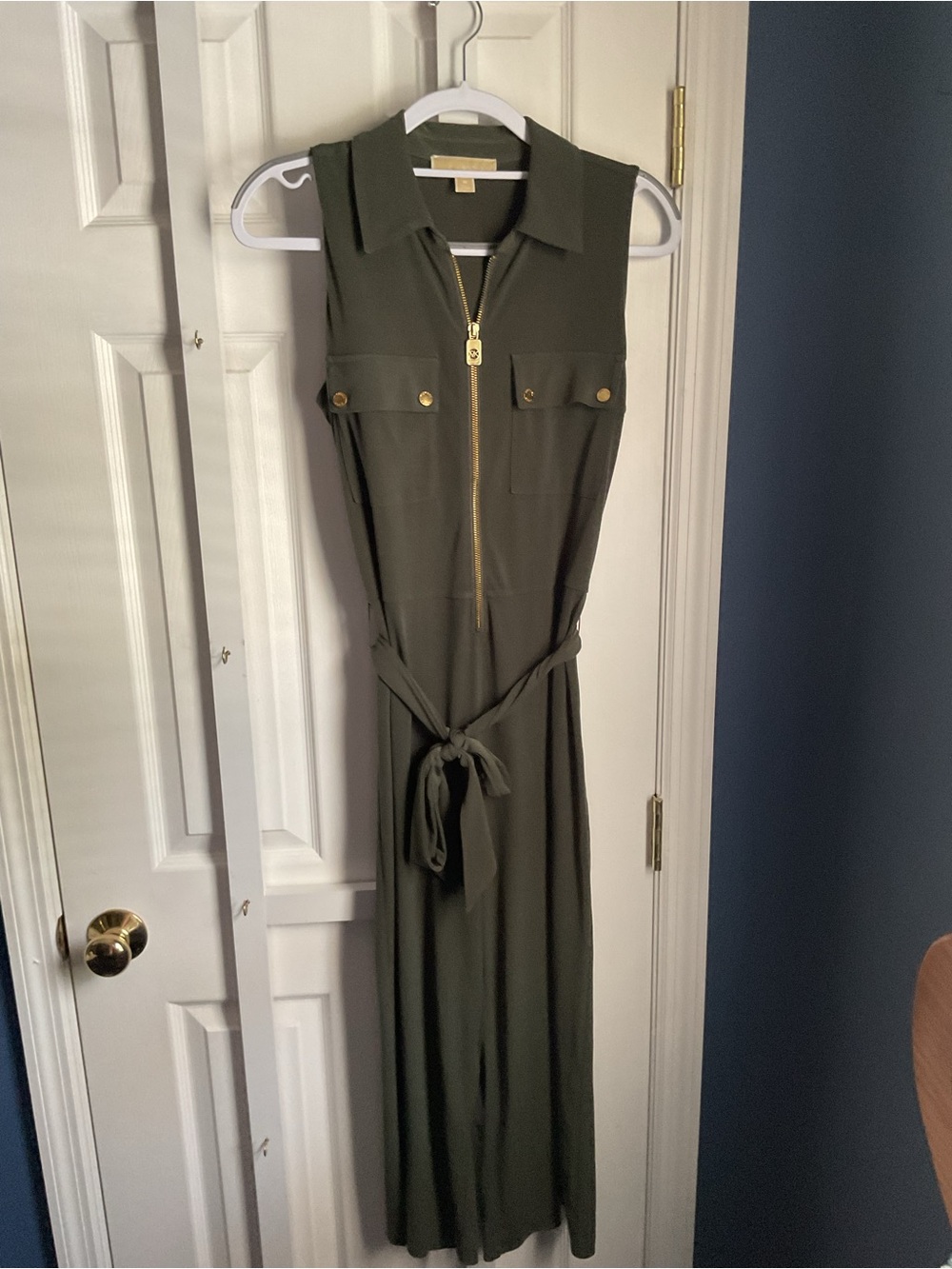Michael Kors Olive Green Sleeveless Zip-Front Romper with Tie Waist